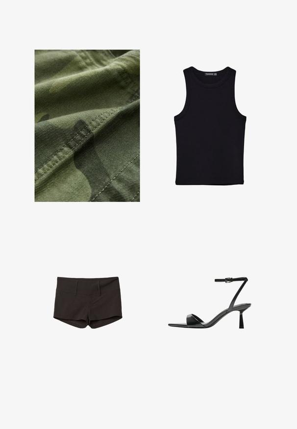 Grüner Camouflage-Stoff mit strukturierter Oberfläche, der subtile Musterabweichungen und sichtbare Nähte entlang der Kanten aufweist.; Schwarzes Tanktop aus Baumwolle mit rundem Halsausschnitt und weiten Armöffnungen. Glatte Textur mit genähten Säumen. Klassisches, minimalistisches Design.; Schwarze Baumwollshorts mit tailliertem Design, das eine glatte Textur und zwei Fronttaschen aufweist. Mittelhoher Bund ohne auffällige Muster.; Bershka High Heel Sandalette - black