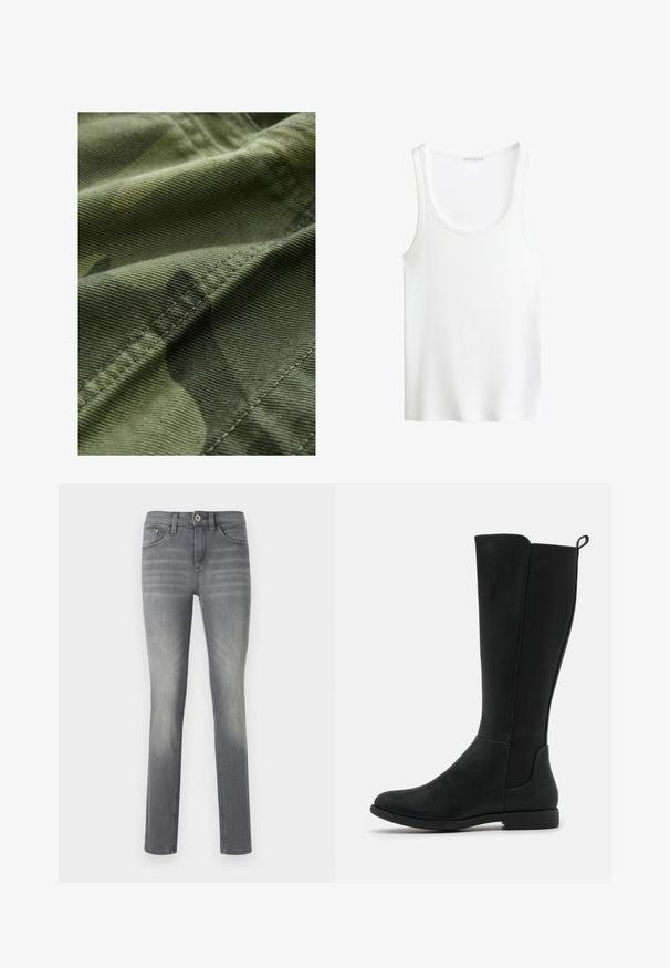 Grønt camouflage-stof med en tekstureret overflade, der har subtile mønstervariationer og synlige sømme langs kanterne.; Hvid ribbet tanktop med scoop-udskæring og brede stropper. Blødt stof med en behagelig tekstur og syede kanter. Simpelt, tætsiddende design.; Grå denim jeans med en slim fit, der har en falmet vask, fem lommer, en knaplukning og diskrete syninger.; Knæ-høje sorte støvler i kunstlæder med en glat overflade, elastiske sidepaneler og en lav, flad sål for komfort.