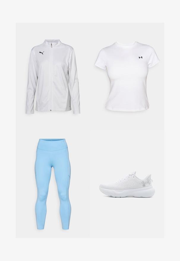 Weiße sportliche Jacke aus glattem Stoff, mit hohem Kragen, langen Ärmeln, Frontreißverschluss und kleinem schwarzem Puma-Logo auf der Brust.; Weißes kurzärmeliges Sport-T-Shirt mit rundem Ausschnitt und kleinem schwarzem Logo auf der linken Brust. Glatter Stoff und körpernahe Passform.; Helle blaue Leggings aus dehnbarem Stoff. Mit hohem Bund, glattem Material und geschwungenen Nähten entlang der Beine.; Weiße Sportschuhe mit einem strukturierten Mesh-Obermaterial, Schnürdesign, gepolstertem Kragen und einer gepolsterten weißen Sohle. Mit einem dezenten Logo an der Seite.