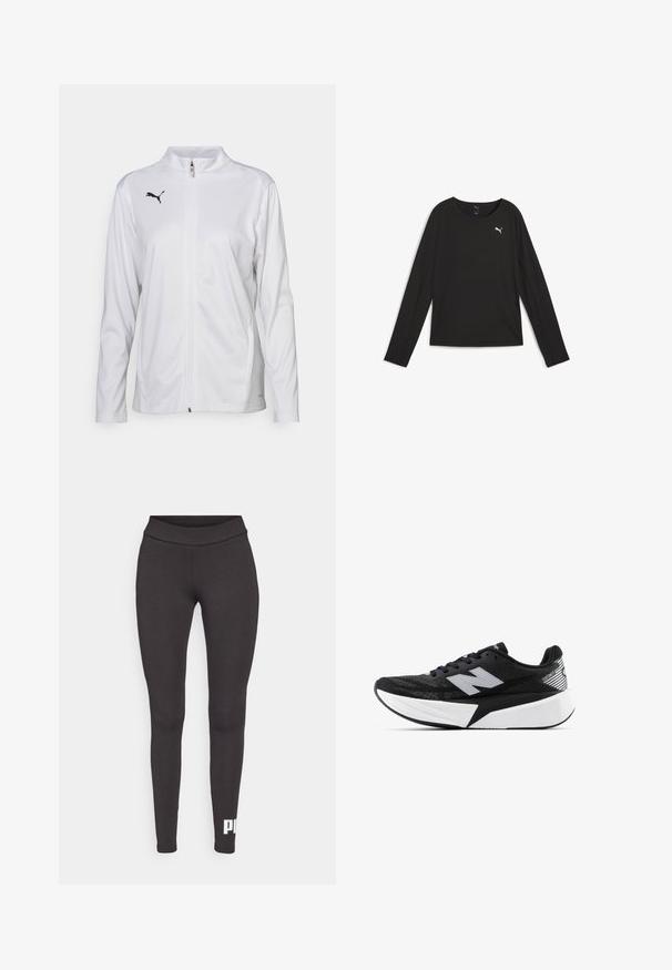 Biely športový kabát vyrobený z hladkej látky, s vysokým golierom, dlhými rukávmi, predným zipsom a malým čiernym logom Puma na hrudi.; Čierny športový top s dlhými rukávmi vyrobený z hladkej tkaniny, s okrúhlym výstrihom, bielym logom Puma a jemnými perforovanými detailmi po stranách.; Čierne legíny vyrobené z elastického materiálu, s vysokým pásom a bielym logom potlačeným na dolnej časti ľavej nohy. Hladký povrch.; Čierno-biele bežecké topánky New Balance s hrubou podrážkou, sieťovinovým zvrškom a logom "N" na boku, zobrazené z vonkajšej strany.