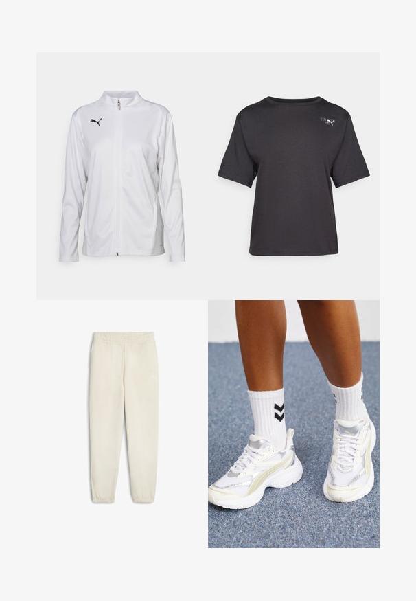 Witte sportjack gemaakt van een gladde stof, met een hoge kraag, lange mouwen, een ritssluiting aan de voorkant en een klein zwart Puma-logo op de borst.; Zwarte korte mouw t-shirt van zacht materiaal, met een ronde halslijn en een klein logo-detail aan de bovenkant van de linkerzijde.; Lichtbeige sweatpants van zachte stof, met een elastische tailleband, cuffed enkels en een klein wit logo aan de zijkant.; Witte sneakers met zilveren accenten, gemaakt van mesh-materiaal en met een chunky ontwerp. Gecombineerd met witte sokken met zwarte chevronpatronen.