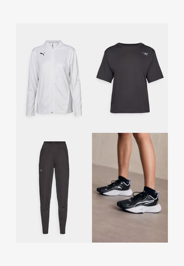 White athletic jacket made of smooth fabric, featuring a high collar, long sleeves, front zipper, and a small black Puma logo on the chest.; Black short-sleeve t-shirt made of soft fabric, featuring a rounded neckline and a small logo detail on the upper left side.; Black athletic leggings made of stretchy fabric, featuring a high waistband, side pockets, and a small reflective logo on the left thigh.; Black athletic shoes with white accents, mesh upper, laces, and cushioned heel. Features a textured sole for traction.