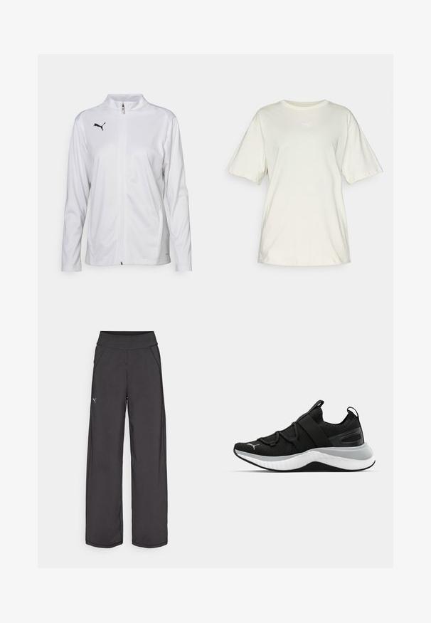 Fehér sportdzseki sima anyagból, magas gallérral, hosszú ujjal, elől cipzárral, és egy kis fekete Puma logóval a mellrészen.; Világos bézs színű pamut póló rövid ujjal, kerek nyakkal, és a mellkas közepén egy kis fehér Puma logóval. Puha, laza szabású.; Fekete sportnadrág széles derékpánttal, oldalsó zsebekkel és sík varratokkal. A bal lábon található egy kis logó. Sima, rugalmas anyagból készült.; Fekete sportcipő textúrázott felső résszel, rugalmas pántokkal és vastag fehér középtalppal. Szürke akcentussal rendelkezik a talp mentén.