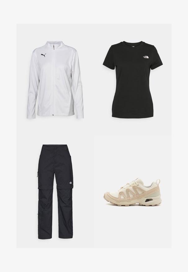 White athletic jacket made of smooth fabric, featuring a high collar, long sleeves, front zipper, and a small black Puma logo on the chest.; Black cotton t-shirt featuring a crew neckline and short sleeves. Notable white logo on the upper left side. Smooth texture, casual fit.; Black nylon zip-off cargo trousers with adjustable cuffs, multiple pockets, and a logo on the right leg. Smooth, lightweight texture.; Beige and cream athletic shoe with textured mesh upper, supportive overlays, and rubber outsole featuring a tread pattern for traction.