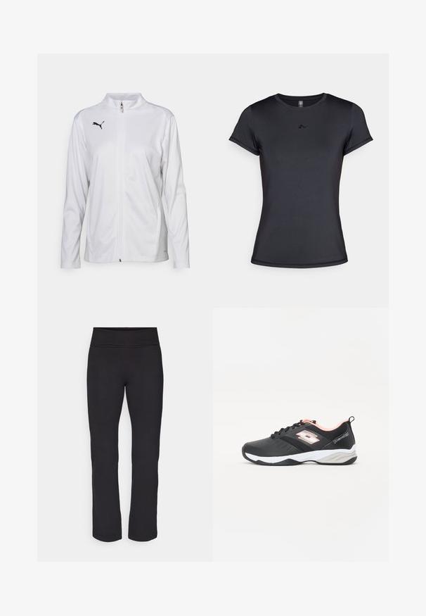 Bijela atletska jakna od glatkog materijala, s visokim ovratnikom, dugim rukavima, prednjim zatvaračem i malim crnim Puma logom na prsima.; Crna majica kratkih rukava izrađena od glatkog, prozračnog materijala s minimalnim dizajnom loga sprijeda. Klasični okrugli izrez.; Crne tajice od glatkog, rastezljivog materijala s visokim pojasom. Imaju ravne, punu dužinu nogavica i bez vidljivih uzoraka ili dekoracija.; Crna atletska cipela s mrežastim gornjim dijelom, bijelim i svijetlo ružičastim naglascima, dizajnom vezanja i teksturiranom potplatom za prianjanje. Lagana i fleksibilna.