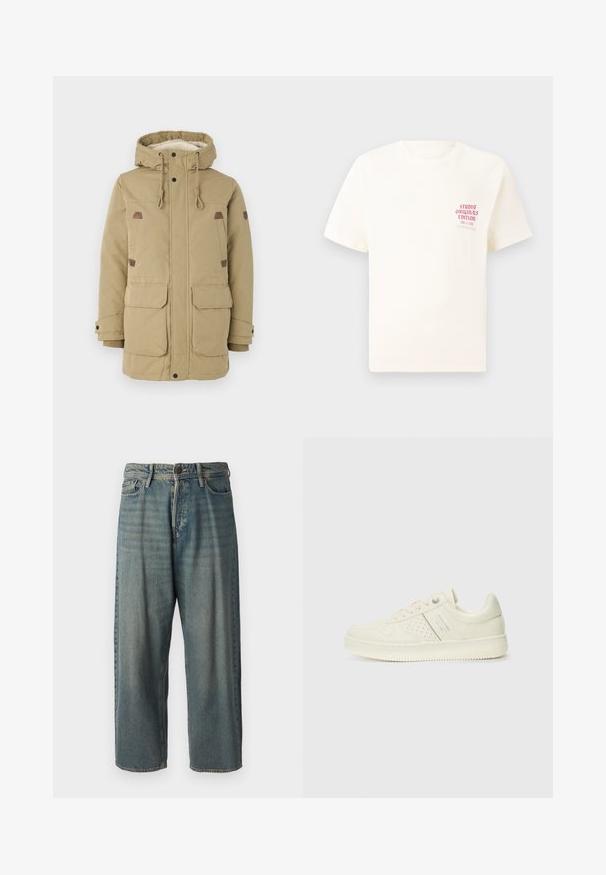 Khaki parka z kapturem, z wyściółką z polaru, dwoma przednimi kieszeniami, naszywkami na ramionach oraz regulowanymi sznurkami.; Biała koszulka z krótkim rękawem z czerwonym napisem "Studio Originals Edition" po lewej stronie klatki piersiowej, wyeksponowana na neutralnym szarym tle.; Jasnoniebieskie dżinsy o luźnym kroju, średnim stanie i prostych nogawkach. Posiadają pięć kieszeni, szlufki na pasek oraz zapięcie na guzik.; Kremowe sneakersy z perforowanymi detalami, sznurowadłami i logo z boku, prezentowane na jednolitym białym tle.