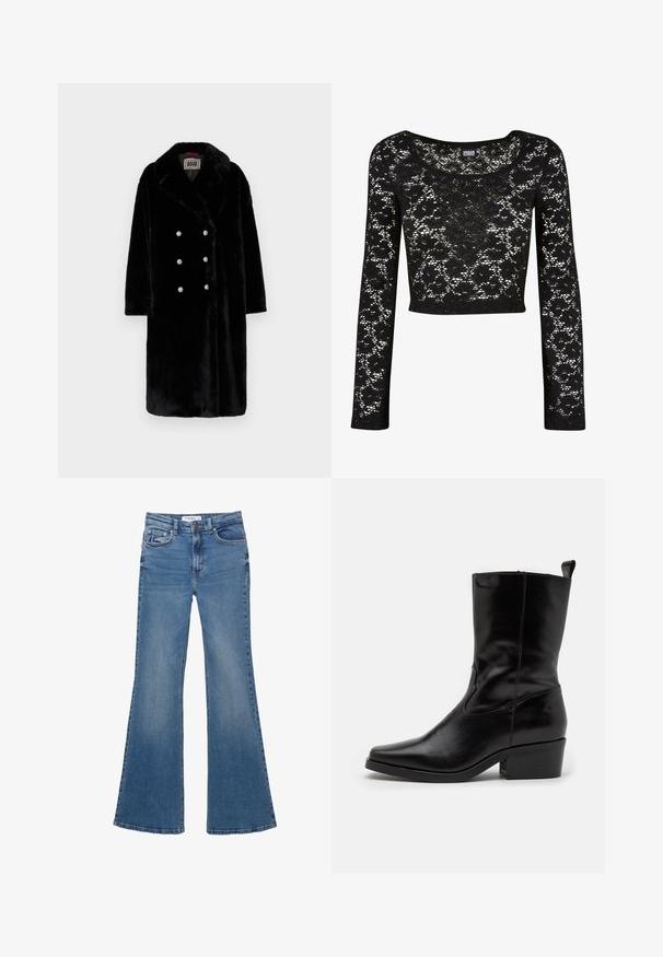 Svart fuskpälsjacka med dubbelknäppt design, prydd med glänsande silverknappar och med en skålad krage. Mjuk textur och medellång längd.; Svart spetskort topp med långa ärmar. Har ett blommönster, rund halsringning och en semi-transparent textur. Mjukt, lätt material.; Blå denimbyxor med utsvängda ben, fram- och bakfickor, bälteshällor och knäppning, liggande platt på en vit bakgrund.; Svart läderankelboot med spetsig tå, låg blockklack och sydda detaljer. Har sidopaneler av elastisk textil för enkel på- och avtagning.