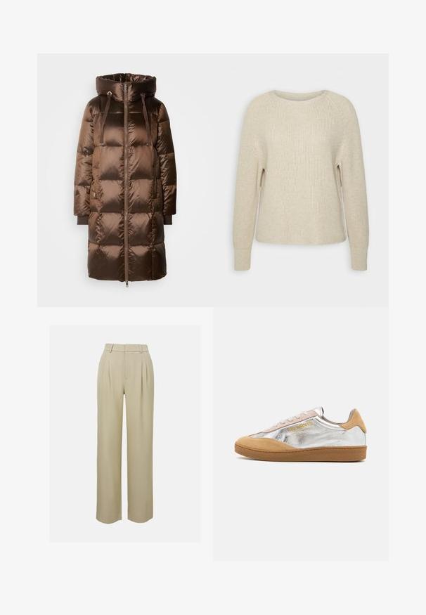 Mos Mosh JACKET - Dunfrakker - rain drum; Lyserød strikket sweater med rund halsudskæring, raglanærmer og ribbede manchetter. Teksturen er blød med en afslappet pasform og minimal detaljering.; Beige, bredde benbukser lavet af glat stof, med forlængerplisseringer, skræddersyet taljebånd og sidelommer. Renset kantfinish.; Sølv- og sandfarvet ruskinds sneaker med en struktureret gummisål, beige snørebånd og et logo trykt i gult på siden.