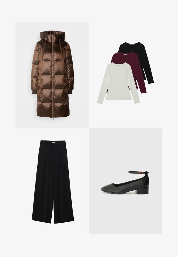 Mos Mosh JACKET - Sulemantel - rain drum; Pikad varrukad T-särgid valges, burgundis ja mustas. Valmistatud pehmest kangast, ümmarguse kaelusega ja keha lähedase kujundusega. Sobivad kihiliseks kandmiseks.; Mustad laiad püksid, millel on tekstureeritud kangas, elastne vöökoht ja eemaldatav pael vööst, et reguleerida sobivust.; Must mustaapp, millel on terav nina ja madal blokk-kand. Omab pahkluu rihma koos kuldse tooni pandlaga. Sile tekstuur.