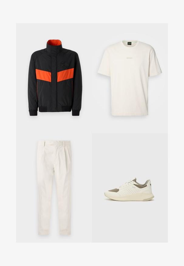 Juodas švarkas su oranžine horizontalia juostele, aukštu apykakle, elastingomis rankovėmis ir logotipo etikete krūtinėje. Lygus tekstūras ir lengvas medžiaga.; BOSS TEE - Paprasti marškinėliai - open white; Balti, susiūtos kelnes, turinčios pritaikytą siluetą, pasižyminčias lygia tekstūra, dirželio kilpomis ir siaurėjančiomis kojomis. Nėra matomų kišenių ar raštų.; Baltas ir šviesiai bežinis sportinis kedas, su tinklo viršumi, perforuotais detalėmis ir tekstūruotu tarpine su logotipu ant kulno.