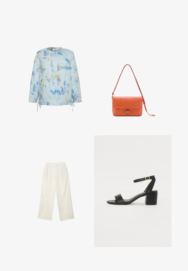 Quiltet jakke i lyseblå med blomsterdesign i nuancer af blå og gul. Har snore i kanten og en rund halsudskæring.; Hvid kortærmet t-shirt lavet af bomuld. Har en rund halsudskæring og en afslappet pasform. Glat tekstur uden synlige mønstre eller detaljer.; Bredde bukser i cremefarvet stof med en glat tekstur, der har en enkelt knap foran, diskrete folder og design med høj talje.; Sort hæl sandal med en glat læderoverdel, åben tå, brede frontstropper og justerbar ankelrem med detaljer i guldfarve.; Koralle læder håndtaske med klaplukning, justerbar skulderrem og en sølvfarvet hardware-detalje i midten. Glat tekstur.