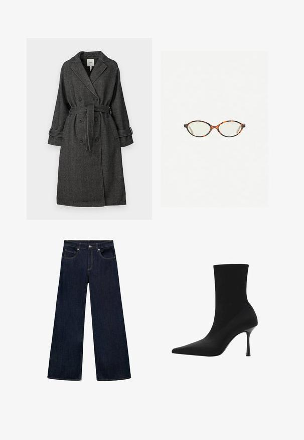 Black and white herringbone pattern coat with a double-breasted front, wide collar, belt, and rolled cuffs. Textured fabric.; Light gray, long-sleeve sweater made of soft, fuzzy material with a round neckline and relaxed fit. No visible patterns or hardware.; Dark blue denim wide-leg jeans with a high waist, featuring five pockets, metal button closure, and visible stitching accents.; Black ankle boot featuring a pointed toe, stretchy fabric upper, and a sleek high stiletto heel. Smooth texture with a minimalist design.; Tortoiseshell eyeglasses with oval lenses and a sleek, smooth finish. Features thin sides with a subtle curve at the temples. Clear lenses.; Beige knitted triangular scarf with pointed ends, featuring brand label and certification tag near the top edge.