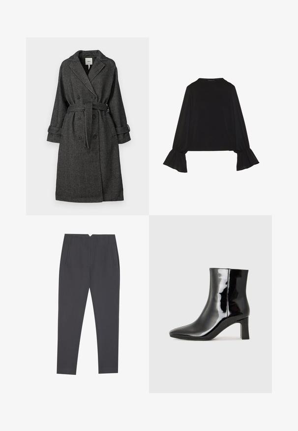 Zwart-wit visgraatpatroon jas met een dubbelzijdige voorkant, brede kraag, riem en oprolmanchetten. Geweven stof.; Zwarte langemouwen top met uitlopende manchetten, een zachte textuur en een relaxed fit, met een eenvoudige ronde halslijn.; Donkergrijze taps toelopende broeken met zijzakken en voorplooien, ontworpen voor een op maat gemaakte pasvorm.; Zwarte gepolijste leren enkellaars met een spitse neus en een blokhak van gemiddelde hoogte. Glad textuur en minimalistisch ontwerp.