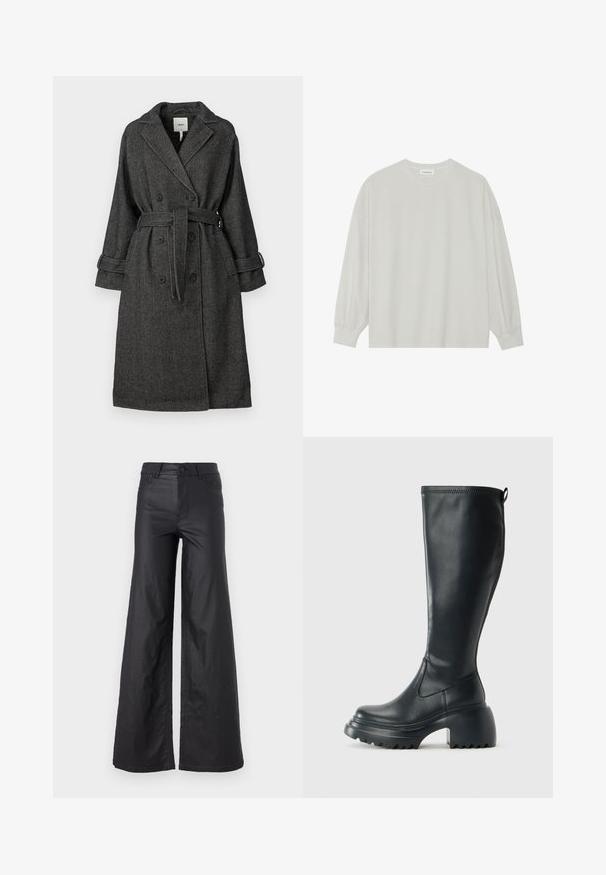 Manteau à motif chevrons noir et blanc avec un devant croisé, un large col, une ceinture et des poignets roulés. Tissu texturé.; T-shirt à manches longues gris clair en coton doux. Présente une coupe ample, un col rond et des poignets légèrement froncés. Aucun motif ni graphique.; Pantalons larges noirs en simili cuir. Dotés d'une taille haute, de passants de ceinture, de deux poches avant et de détails cousus.; Botte en cuir noir haute avec semelle plateforme épaisse et talon carré, dotée d'une languette et d'un motif texturé sur la semelle extérieure.