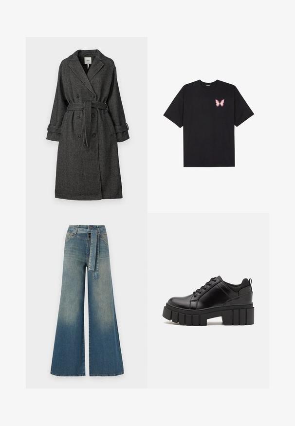 Schwarz-weißer Fischgrätmuster-Mantel mit doppelter Knopfreihe, weitem Kragen, Gürtel und umgeschlagenen Manschetten. Strukturierter Stoff.; Schwarzes Baumwoll-T-Shirt mit kurzen Ärmeln, das ein kleines pinkes Schmetterlingsmotiv auf der linken Brust zeigt. Crewneck-Design mit einem entspannten Schnitt.; Weit geschnittene Denim-Hosen mit einem Farbverlauf von hellblau zu dunkelblau, hoher Taille, Gürtelschlaufen und einem passenden Stoffgürtel. Strukturierte Denim-Oberfläche.; Schwarze Lederplateauschuhe mit klobigem Blockabsatz, runder Zehenpartie und traditionellem Schnürdesign. Verfügt über eine glatte Textur und minimale Details.