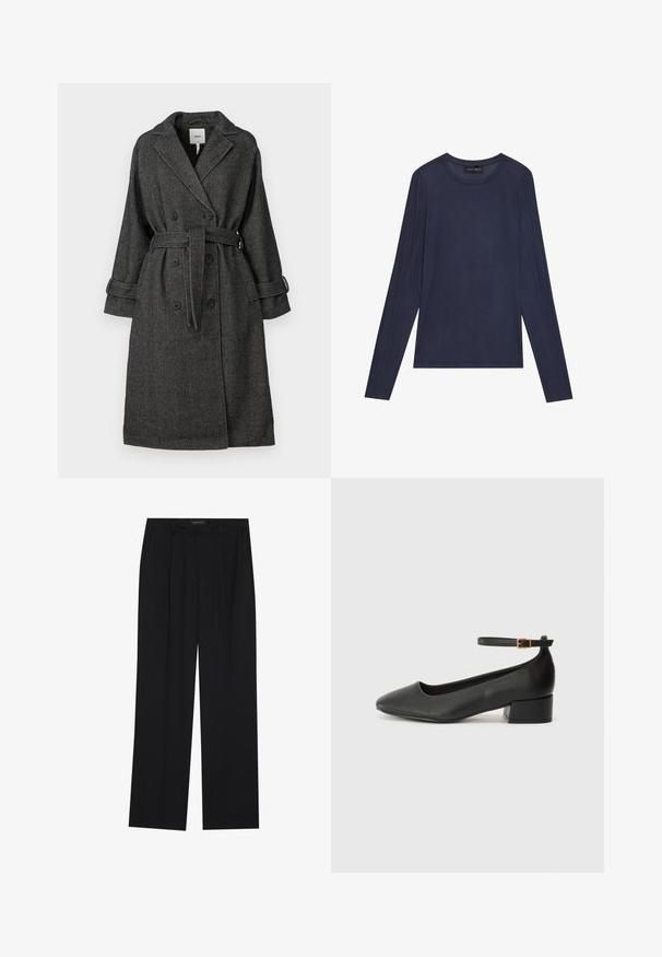 Mustriga must-valge kalasabamuster mantel, millel on kahekordne eesmine kinnis, lai krae, vöö ja rullitud varrukad. Tekstureeritud kangas.; Tumesinine pikkade varrukatega topp, mis on valmistatud siledast ja kergest kangast. Omab ümarat kaelust ning õmbluse detaile varrukate ja külgede juures.; Mustad püksid sirgjoonelise disainiga, millel on kaks esist taskut ja muudatus. Valmistatud siledast, kergekaalulisest kangast.; Must mustaapp, millel on terav nina ja madal blokk-kand. Omab pahkluu rihma koos kuldse tooni pandlaga. Sile tekstuur.