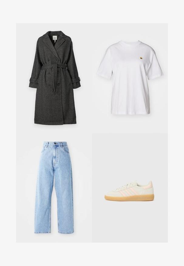 Plašč s črno-belih ribjih kosteh z dvorednim zapenjanjem, širokim ovratnikom, pasom in zvitimi manšetami. Teksturna tkanina.; Bela bombažna majica s sproščenim krojem, kratkimi rokavi in majhnim vezenim logotipom na levi strani prsnega predela.; Visoko pasové svetlo modre jeans hlače s ravnimi širokimi nogavicami, sprednjim gumbom, zadrgo in sprednjimi ter zadnjimi žepi.; Suede teniske z kremno zgornjo plastjo, svetlo roza tremi črtami in gumijastim podplatom. Zavezovanje z vezalkami s šivanimi detajli in blagovno znamko.