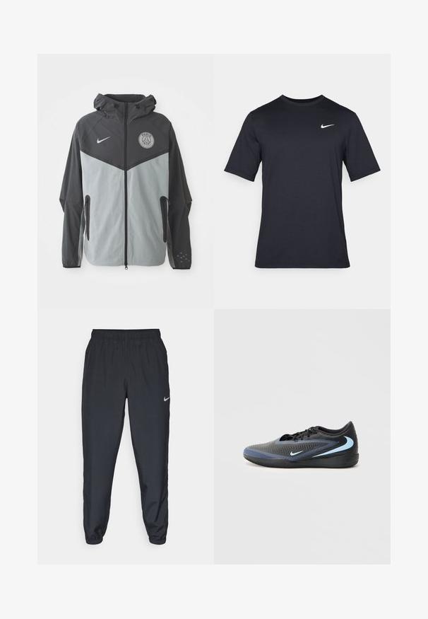 Mikina Nike Paris Saint-Germain s kapucňou, v čierno-svetlosti sivej farebnej kombinácii, so zipsom vpredu a logom na hrudi.; Čierne tričko s krátkym rukávom značky Nike z hladkého materiálu, s bielym logom swoosh na pravej hornej strane, okrúhly výstrih.; Čierne teplákové nohavice vyrobené z ľahkého materiálu s elastickým pásom, manžetami na členkoch a diskrétnym logom Nike na ľavej strane.; Čierne a modré nízke športové tenisky s textúrovaným povrchom, čiernymi šnúrkami a svetlomodrými logami Nike swoosh na boku a podrážke.