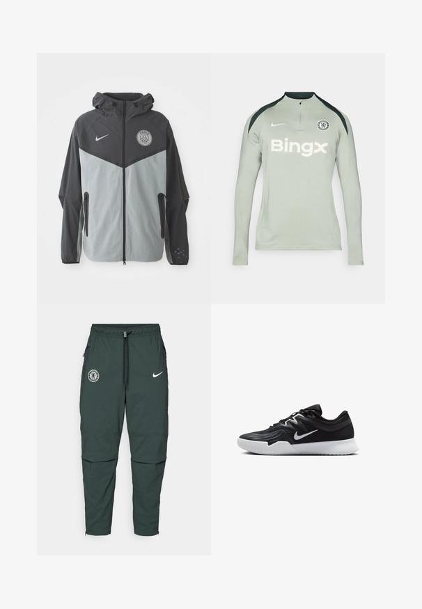 Nike Paris Saint-Germain jacket with a hood, featuring a black and light grey color scheme, zip front, and logo on the chest.; Long-sleeve, light grey athletic shirt with black shoulder accents, zip collar, Nike logo, and 'Bingx' text on the front. Chelsea FC badge present.; Dark green Nike joggers with an elastic waistband, adjustable drawstring, side zippers, and Chelsea FC logo on the left thigh.; Black athletic shoe with a textured upper, white Nike swoosh, and a white rubber outsole. Features a lace-up design and dynamic shape.