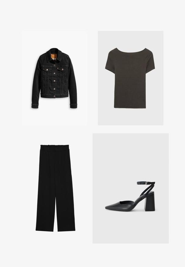 Svart denimjacka med två framfickor på bröstet, silverfärgade knappar och klassisk krage. Slät textur med kontrasterande sömnadsdetaljer.; Mörkgrå kortärmad topp med båthals. Tillverkad av ribbad tyg, med avslappnad passform och ren fåll. Enkelt design, inga mönster.; Svarta vida byxor med en volang vid midjan, med två sidofickor och ett slätt, lätt tyg. Inga synliga mönster eller detaljer.; Svart läderpumps med spetsig tå, ankelrem och kraftig klack. Slät textur, stilren design och minimalistisk estetik.