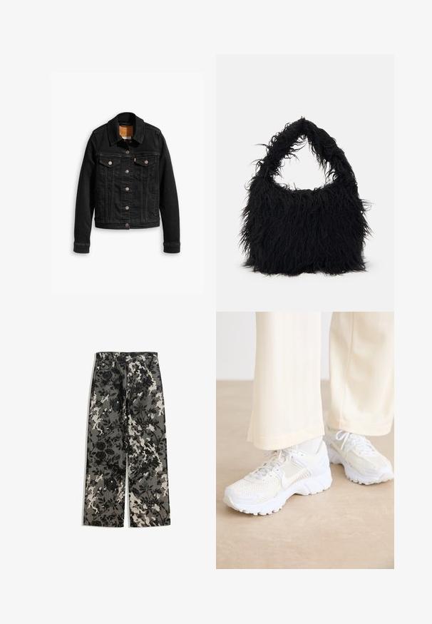 Black denim jacket with two front chest pockets, silver button closures, and a classic collar. Smooth texture with contrasting stitching details.; Black long-sleeve shirt featuring white embroidery of a lion and text, with a round neckline and ribbed cuffs.; Mid-rise wide-leg pants in a textured black and white floral pattern on a gray background, featuring a classic waistband and front pockets.; White athletic shoes with a mesh design, textured surfaces, and supportive soles. Laces and subtle branding detail on the side.; Even&Odd Tote bag - black