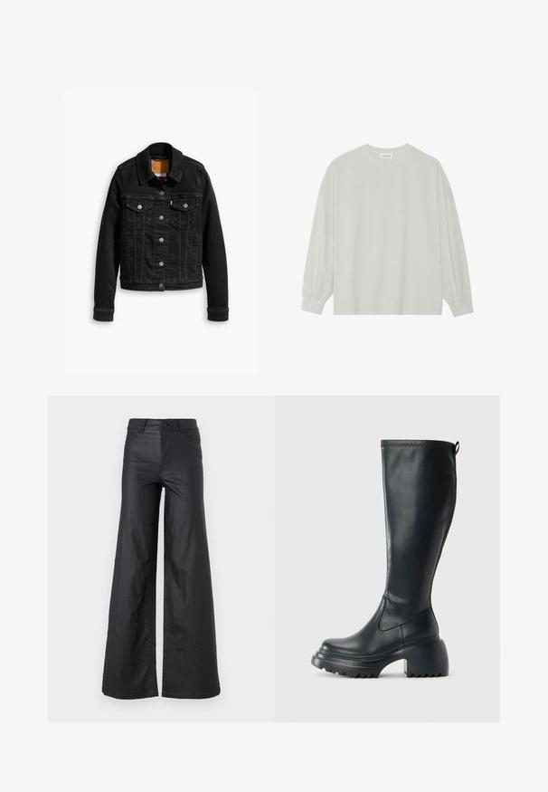 Melna denima jaka ar divām priekšējām krūšu kabatām, sudraba pogu aizdariem un klasisku apkakli. Gluda tekstūra ar kontrastējošiem šuvju elementiem.; Gaišpelēka garām piedurknēm t-krekls, kas izgatavots no mīkstas kokvilnas. Iezīmē vaļīgu piegriezumu, apaļu kakla izgriezumu un viegli saplacinātas piedurknes. Nav rakstu vai grafikas.; Melni, plata kāju bikses no mākslīgās ādas. Iespējas ietver augstu jostasvietu, jostu cilpas, divas priekšu kabatas un izšuvumu detaļas.; Augstas melnas ādas zābakus ar masīvu platformu un bloka papēdi, ar vilkšanas cilpu un strukturētu profilu uz ārējā zoles.