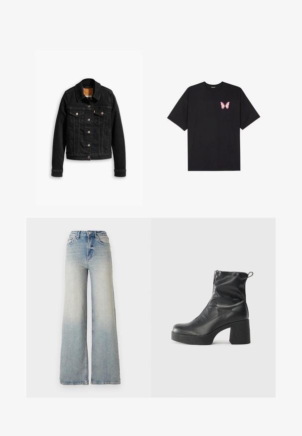 Crna traper jakna s dva prednja džepa na prsima, srebrnim dugmadima i klasičnim ovratnikom. Glatka tekstura s kontrastnim šavovima.; Crna pamučna majica s kratkim rukavima, s malim grafičkim prikazom ružičaste vjetricaste s desne strane na prsima. Dizajn s okruglim izrezom i opuštenim krojem.; Svijetloplave široke traperice od denima, s visokim strukom, pet džepova i vidljivim šavovima duž šavova.; Crne gležnjače od glatke kože, s bočnim zatvaračem, debelim teksturiranim potplatom i dizajnom s zaobljenim prstima.