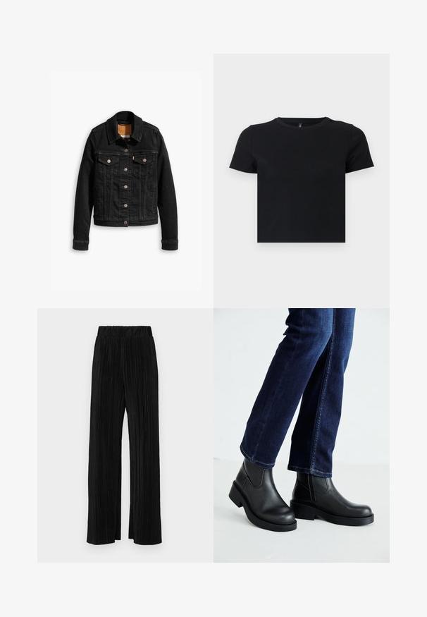 Black denim jacket with two front chest pockets, silver button closures, and a classic collar. Smooth texture with contrasting stitching details.; Black short-sleeve t-shirt made from soft cotton. Features a round neckline and a fitted design. Smooth texture without patterns or accents.; Black pleated trousers with an elastic waistband. Features wide legs and a smooth, textured fabric with vertical stripes.; Black leather ankle boots with a chunky sole and side elastic panels, paired with dark blue jeans. The ground is light-colored.