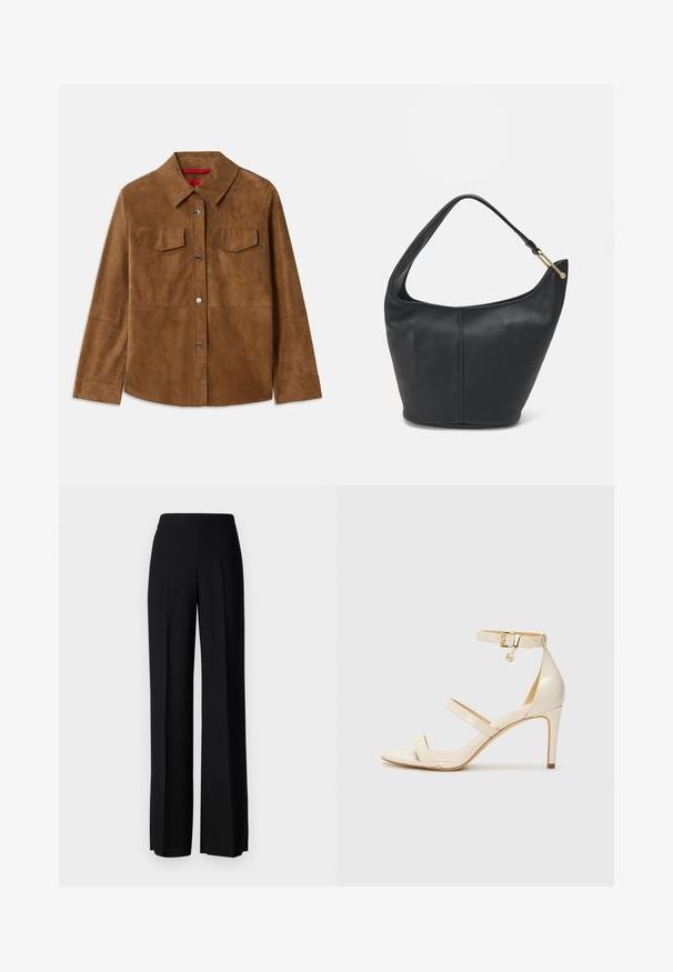 Brun ruskindsjakke med krave, to brystlommer og sølvtrykknapper. Glat tekstur med lige kant og lange ærmer.; Mørkeblå sweater med rund halsudskæring, lange raglanærmer, ribbede manchetter og lige nederkant. Fremstillet af et blødt, tekstureret strikmateriale.; Sorte vide benbukser med en glat tekstur, der har en høj talje og centerfolder. Ingen synlige mønstre eller hardware detaljer.; Beige høje hæle sandaler med tynd ankelrem og to øvre remme. Glanset lakfinish og guld hardware detalje på ankelremmen.; Sort læderhandtaske med en rund form, bred rem og textured finish. Har en subtil sømdetalje og en hardware i gyldent tone.