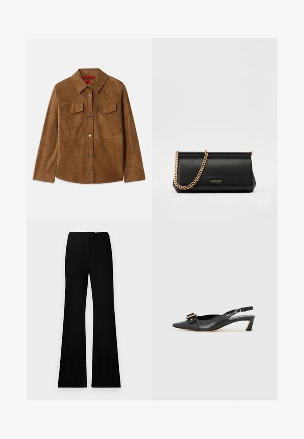 Hnedá semišová bunda s golierom, dvoma náprsními vreckami a striebornými cvokmi. Hladká štruktúra s rovnou spodnou časťou a dlhými rukávmi.; Čierny rebrovaný rolák s dlhými rukávmi a priliehavým strihom, ktorý má hladkú textúru a detail so zipsom na chrbte.; Čierne rozšírené nohavice s hladkou textúrou, prispôsobeným pásom a prednými vreckami, navrhnuté s elegantnou, modernou siluetou.; Čierne kožené sandále s úzkym prstom, malým opätkom a dekoratívnou sponou na vrchnej časti. Hladká textúra, minimalistický dizajn.; Čierna kožená kabelka s retiazkou zo zlata, so hladkou textúrou, obdĺžnikovým tvarom a embosovaným logom na prednej strane.