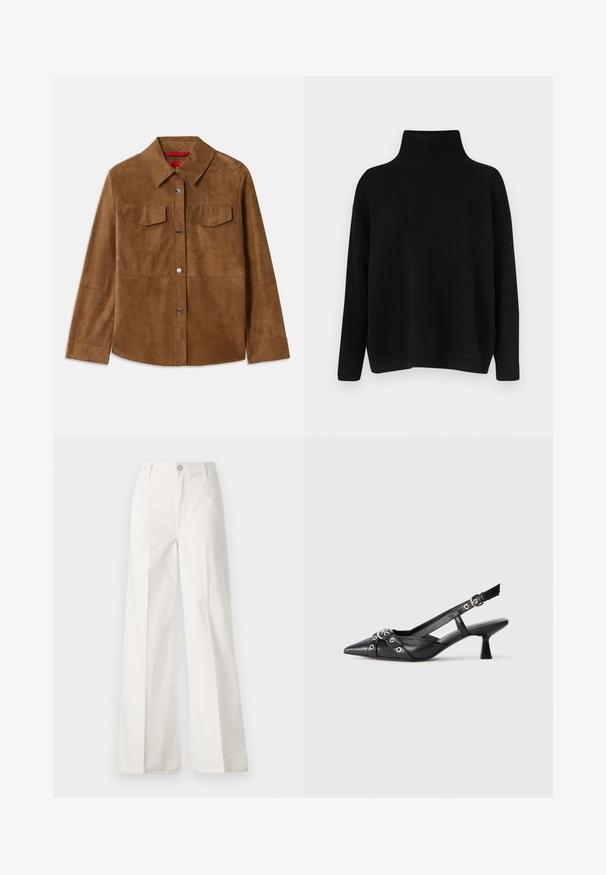 Barna velúr dzseki gallérral, két mellzsebbel és ezüst színű patentgombokkal. Simább textúrájú, egyenes aljjal és hosszú ujjakkal.; Fekete kötött pulóver magas bordázott gallérral, alacsony vállvonallal és laza szabással. Bordázott mandzsettákkal és szegéllyel rendelkezik a textúra érdekében.; Fehér, bővebb nadrág, amely pamutból készült, sima textúrával. Elöl gombbal, cipzáras záródással és négy zsebes kialakítással rendelkezik.; Fekete bőr slingback cipő hegyes orral, dekoratív pántokkal, fém szemekkel és alacsony blokk sarkú. Texturált felület.