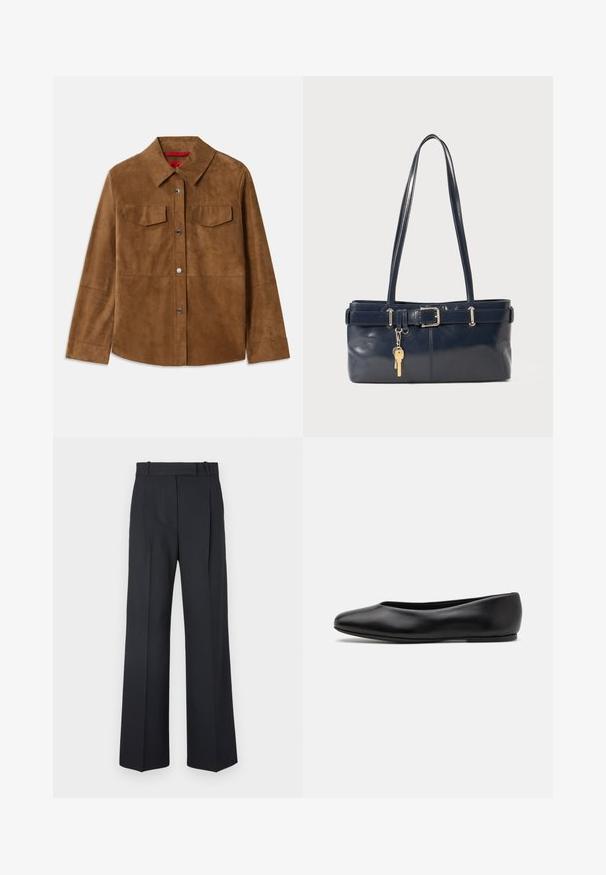 Brun ruskindsjakke med krave, to brystlommer og sølvtrykknapper. Glat tekstur med lige kant og lange ærmer.; Ribbet, cremefarvet polo skjorte med lange, vidde ærmer og fem knapper. Har en krave med en blød tekstur.; Mørkeblå stribede bukser med høj talje, vidde bendesign og ingen synlig hardware eller dekorationer. Glat tekstur og skræddersyet pasform.; Paul Smith TOPANGA - Ballerinasko - black; Mørkeblå læderhåndtaske med to lange håndtag, en spænde detaljer og en nøglering vedhæftet. Den har en glat tekstur og en rektangulær form.