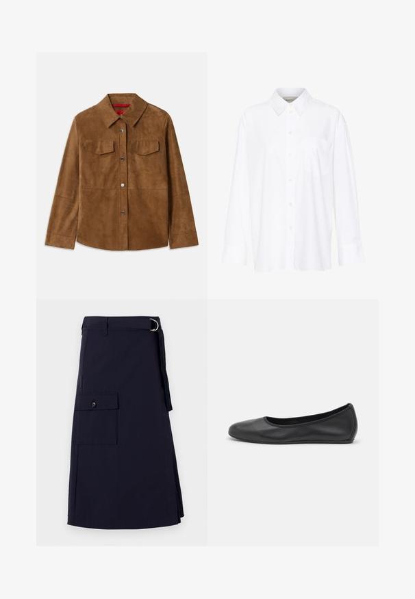 Giacca in suede marrone con collo e due tasche sul petto, con bottoni a pressione argentati. Texture liscia con orlo dritto e maniche lunghe.; Camicia bianca a maniche lunghe con colletto in cotone. Caratterizzata da una chiusura con bottoni e una tasca sul petto singola. Tessuto liscio, vestibilità comoda.; Gonna blu navy con un design strutturato, caratterizzata da una tasca cargo laterale e un accentuato cinturino con D-ring in metallo. Realizzata in tessuto resistente.; Pantofole da balletto nere in pelle con punta arrotondata, texture liscia, dettagli di cucitura minimi e design con suola flessibile.