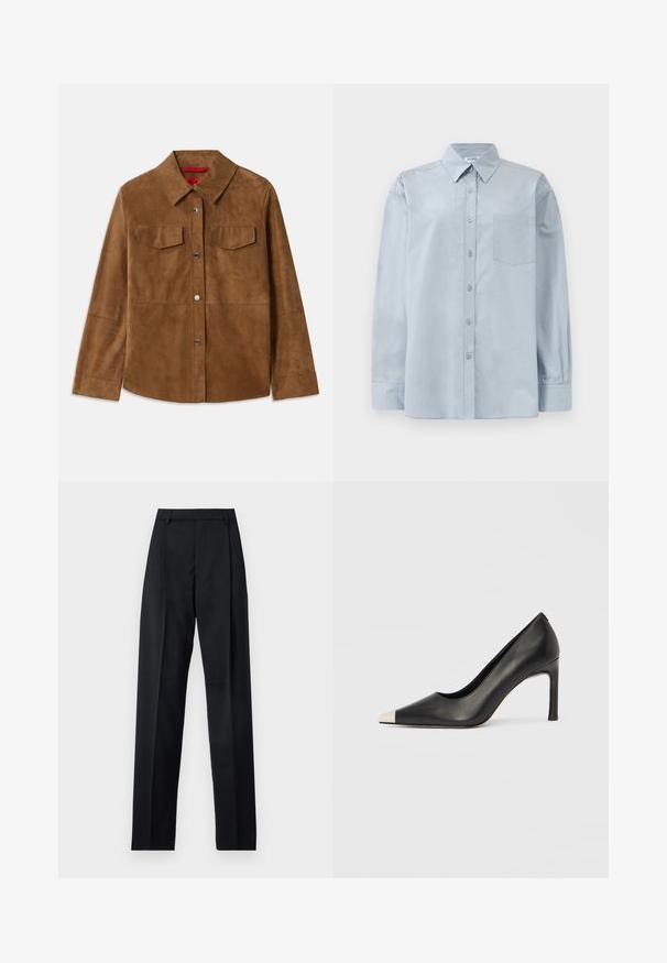 Casaco de camurça castanho com gola, dois bolsos no peito e botões de pressão prateados. Textura suave com bainha reta e mangas longas.; Camisa azul claro de manga longa, com colarinho pontudo e bolso no peito, disposta em cima de um fundo branco.; Calças pretas feitas de um tecido suave, com uma cintura alta, pernas largas, pregas frontais e passadores de cinto clássicos. Não há bolsos laterais visíveis.; Sapato de salto alto em couro preto com bico apontado e biqueira metálica prateada. Apresenta um acabamento liso e um salto esguio de 10 cm.