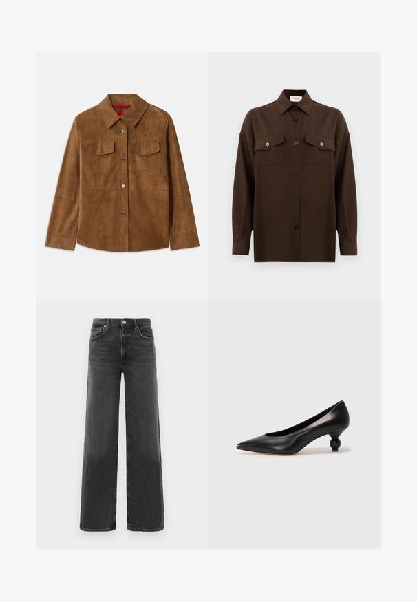 Pruun sametjakk, millel on kraega kaelus, kaks rinnanakku ja hõbedased nööbid. Sile tekstuur otse servaga ja pikad varrukad.; Tumepruun pikkade varrukatega nööbitav särk kahe klapp-taskuga rinnal ja klassikalise kraega, esitlemiseks lihtsa valge tausta ees.; Mustad kõrge vöökoht ja sirged jalgadega teksad, millel on ees nupp ja lukk, kaks eesmist taskut ja kaks tagumist taskut.; Must musta kõrge kontsaga king, millel on terav nina ja ümar, pallikujuline konts. Sile pind ja elegantne, minimalistlik disain.