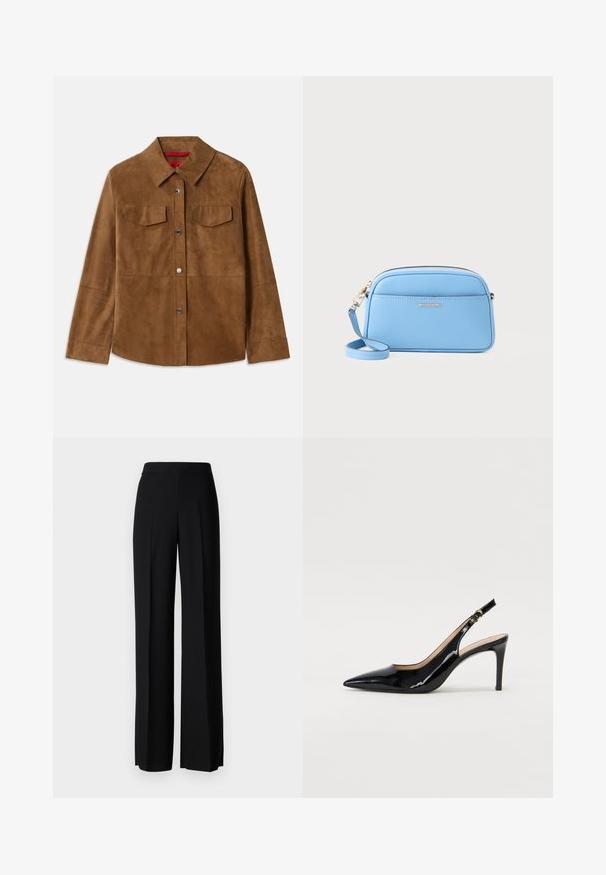 Brown suede jacket with a collared neckline, two chest pockets, and silver snap buttons. Smooth texture with a straight hem and long sleeves.; Cropped white t-shirt made of soft fabric, featuring short sleeves, a round neckline, and ribbed hem details. Simple and unembellished design.; Black wide-leg trousers with a smooth texture, featuring a high waistband and center pleats. No visible patterns or hardware details.; Black patent leather slingback pump with pointed toe, slim heel, and a subtle cutout design. Features a gold buckle on the strap.; Light blue leather crossbody bag with gold-tone hardware, zip closure, and a front pocket. Features an adjustable strap for convenience.