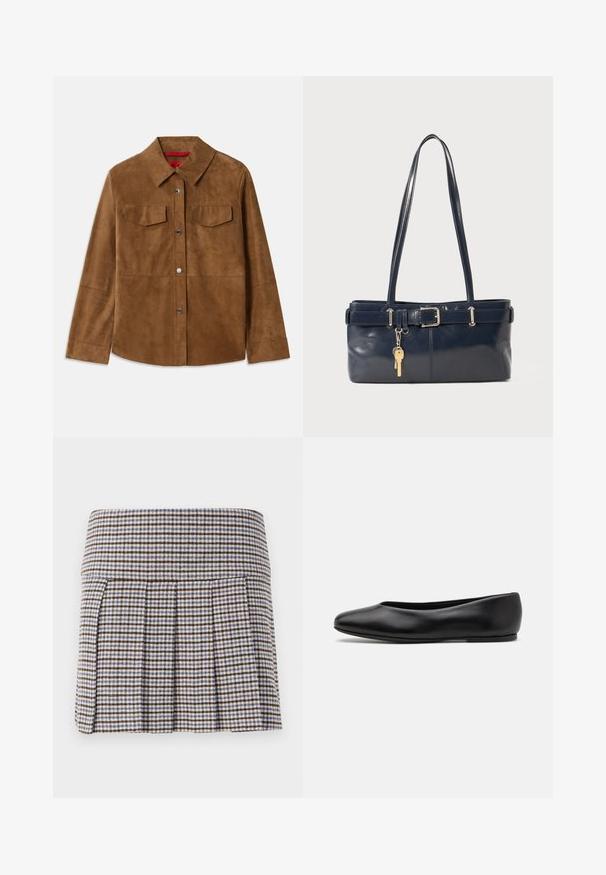 Bruine leren jasje van suede met een kraaghals, twee borstzakken en zilveren drukknoopjes. Glad textuur met een rechte zoom en lange mouwen.; Zwarte tanktop met dunne spaghettibandjes, gemaakt van ribstof, met een rechte snit en een label op de hals dat "IVY OAK" zegt.; Folding rok in een bruin, beige en blauw ruitpatroon. Gemaakt van een textuurstof met een aansluitende tailleband en decoratieve plooien.; Paul Smith TOPANGA - Ballerina's - black; Marine leren handtas met twee lange hengsels, een gespdetail en een sleutelhanger eraan bevestigd. Heeft een gladde textuur en een rechthoekige vorm.