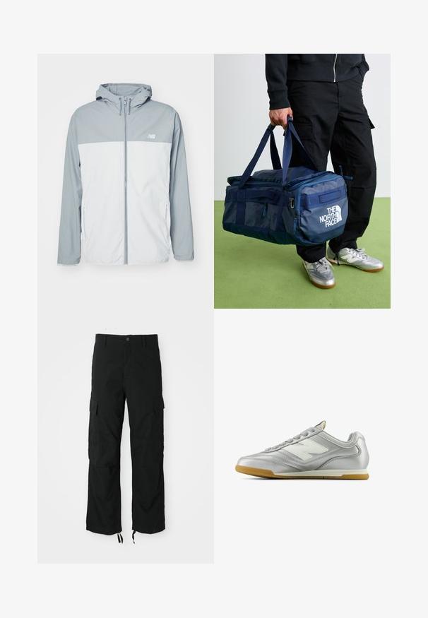 Jachetă ușoară de vânt, în gri deschis și alb, cu fermoar în față, glugă ajustabilă și buzunare laterale. Confecționată dintr-un material neted.; Cămășă albă cu mânecă scurtă, având un mic logo triunghiular negru care conține "acg" pe pieptul stâng, fundal simplu.; Pantaloni cargo negri, confecționați dintr-un material durabil, având două buzunare laterale, închidere cu nasture și tivuri reglabile pentru un fit lejer și confortabil.; Cămașă sport argintie cu o suprafață netedă și strălucitoare, logo alb pe lateral, șireturi texturate gri și talpă din cauciuc de gumă.; Persoană îmbrăcată în pantaloni negri și adidași argintii, purtând o geantă de voiaj The North Face albastră de mână, pe un fundal verde.