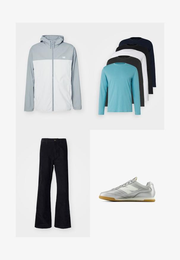 Gaišs pelēks un balts viegls vēja necaurlaidīgs jaciņa ar rāvējslēdzēju priekšpusē, regulējamu kapuci un sānu kabatām. Izgatavota no gludas auduma.; Pieci garie piedurkņu T-krekli rindā: tirkīza, melna, balta, tumši pelēka un jūras zila. Mīksts audums ar apaļu kakla izgriezumu un standarta piegriezumu.; Melnas kokvilnas flared bikses ar tradicionālo jostasvietu, vienu priekšējo pogu un kabatām sānos un aizmugurē. Raita tekstūra.; Sudraba sporta apavi ar gludu, spīdīgu virsmu, balto logo sānos, teksturētām pelēkajām šņorēm un gumijas zoli.