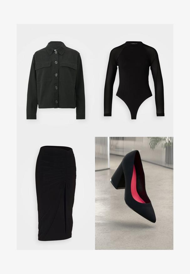 Black jacket made of cotton with a buttoned front, a collar, and two chest pockets; features large buttons and long sleeves.; Black long-sleeve bodysuit with a high neck, featuring solid fabric on the torso and sheer mesh sleeves, designed in a fitted shape.; Black, ruched pencil skirt with tie detail and a side slit. Made from a stretchy fabric, featuring a smooth texture and form-fitting design.; Black high heel shoe with a pointed toe, textured surface, and a vibrant pink interior. Features a chunky heel with silver accent.