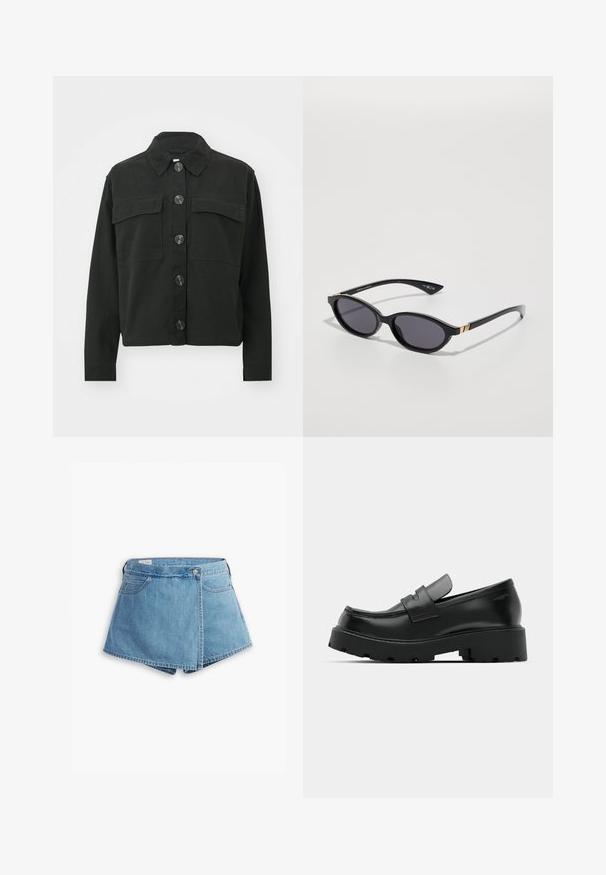 Giacca nera in cotone con chiusura a bottoni, colletto e due tasche sul petto; presenta bottoni grandi e maniche lunghe.; Due magliette senza maniche, in bianco e nero, realizzate in cotone a coste, con colli rotondi e un design aderente. Etichette visibili su entrambe.; Shorts in denim di colore azzurro chiaro, con un design avvolgente, tasche frontali e chiusura con bottone metallico. Tessuto liscio con bordi cuciti.; Mocassini in pelle nera con suola spessa e texture, dotati di una fascia sulla parte anteriore e una finitura liscia e lucida.; Occhiali da sole neri con lenti ovali, tinta sfumata scura e braccetti sottili con sottili dettagli dorati. Finitura in plastica liscia.