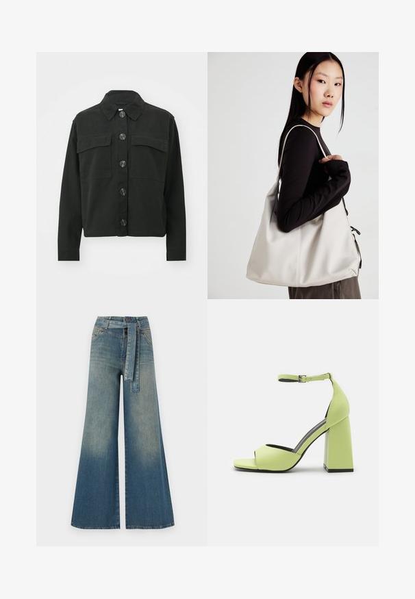 Čierna bunda vyrobená z bavlny s gombíkovým zapínaním, golierom a dvoma náprsními vreckami; má veľké gombíky a dlhé rukávy.; Biely bezrukávový top s okrúhlym výstrihom. Vyrobený z hladkého materiálu, má uvoľnený strih a minimalistický dizajn. Žiadne vzory alebo akcenty.; Džínsy s širokými nohavicami, ktoré majú prechod od svetlomodrej po tmavomodrú, vysoký pás, pútka na opasok a opasok z rovnakého materiálu. Textúrovaný denimový povrch.; Even&Odd Sandále na vysokom opätku - light green; Béžová kabelka vyrobená z mäkkého materiálu, s uvoľneným dizajnom, prišitými detailmi a dvoma popruhmi na nosenie na pleciach. Vhodná na každodenné nosenie.