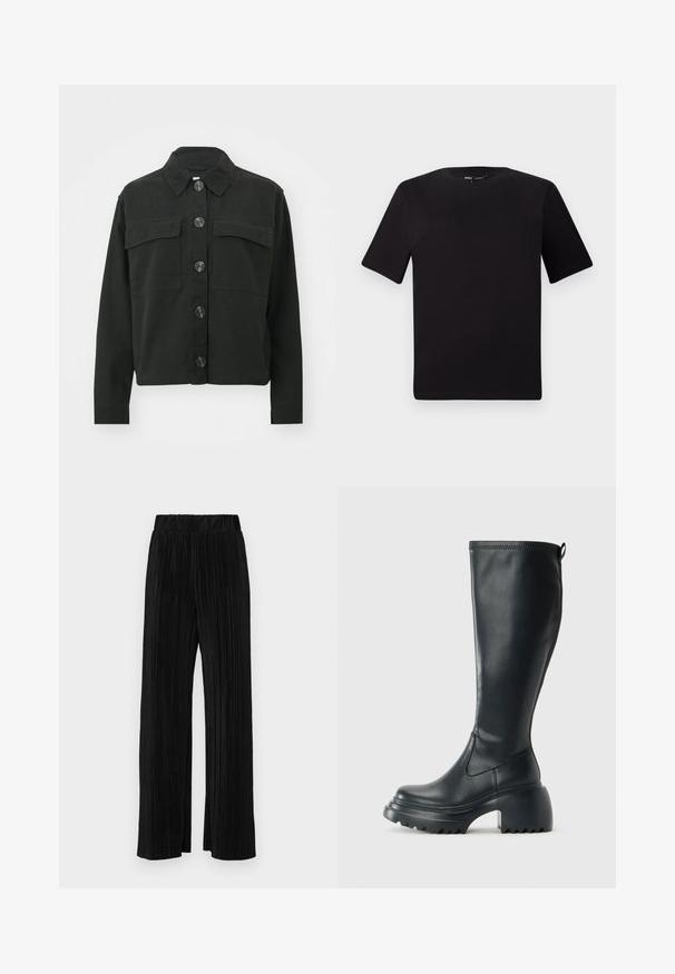 Juodas medvilninis švarkas su sagų priekiu, apykakle ir dviem krūtinės kišenėmis; turi dideles sagas ir ilgus rankovėms.; Juodas trumpas rankovės marškinėlis su apvaliu iškirpimu, pagamintas iš minkštos medvilnės medžiagos. Paprastas dizainas, be matomų logotipų ar raštų.; Juodi plisuoti kelnės su elastine juosta. Turėkite plačias kojas ir glotnų, tekstūrinį audinį su vertikaliais dryžiais.; Ilgas juodos odinės batai su masyvi platforma ir stačiakampiu kulnu, turintys traukimo kilpą ir tekstūruotą pado raštą.