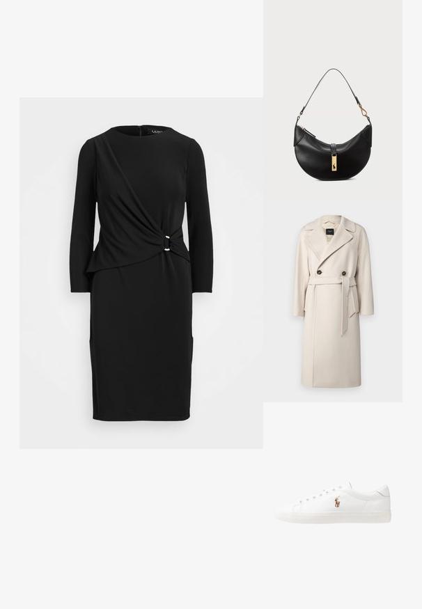 WEEKEND MaxMara RESINA - Classic coat - avorio; Black long-sleeve dress with a knot detail at the waist, featuring a round neckline and two pockets, made from a smooth, stretchy fabric.; White leather sneakers, low-top design, featuring a smooth texture, round toe, laced front, and a small embroidered logo on the side.; Black leather handbag in a half-moon shape. Features a gold hardware accent and a narrow strap. Smooth texture, zipper closure at the top.