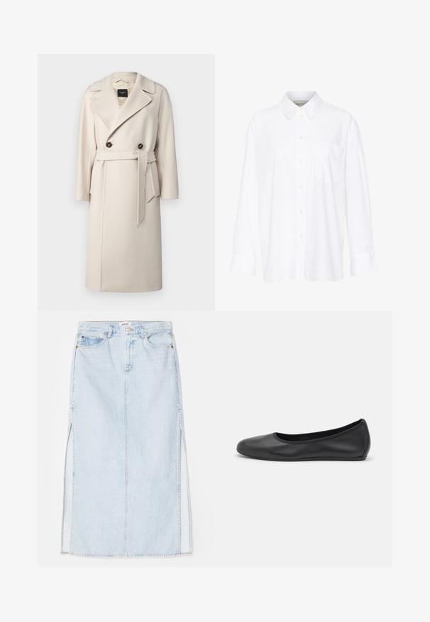 WEEKEND MaxMara RESINA - Palton clasic - avorio; Cămașă albă cu mânecă lungă și guler, fabricată din bumbac. Are un închidere cu băta pe față și un singur buzunar pe piept. Textură netedă, croială lejeră.; Fustă maxi din denim de culoare albastru deschis, cu croială dreaptă, având slituri laterale și design cu cinci buzunare. Cusături evidente și închidere cu nasture metalic.; Balerini din piele neagră, cu vârf rotund, textură netedă, detalii de cusătură minimale și un design al tălpii flexibil.