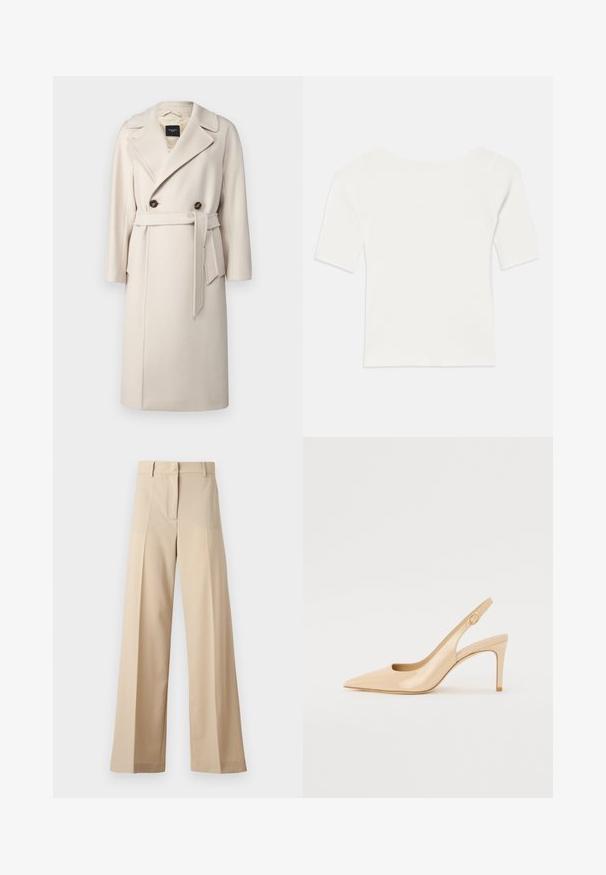 WEEKEND MaxMara RESINA - Klassisk frakke - avorio; Hvid ribbet kortærmet top med en bred udskæring. Teksturen har lodrette striber, der fremhæver en tætsiddende pasform og et enkelt design.; Beige bukser med vid ben lavet af blødt stof, med en flad foran med folder, lynlås og bæltestropper. Skræddersyet pasform generelt.; Nude patenteret læder slingback hæl med spidse tæer, åben vamp og en tynd stiletto hæl. Har et cirkulært guldfarvet element på remmen.