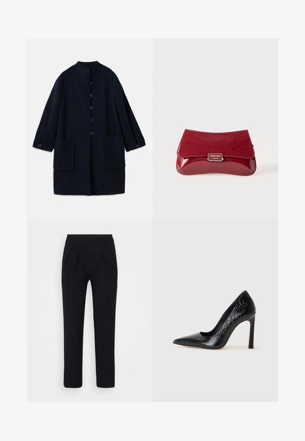 Mörk marinblå ullkappa med rund krage, fem framknappar, knäppte ärmslut och två stora framfickor.; Blå satinblus med kort ärm, fyrkantig halsringning och dragkedja baktill. Slät yta och något lös passform.; Svarta, vida byxor tillverkade av ett slätt material. Har en elastisk midja och två framfickor. Inga synliga mönster eller metallföremål.; Svart spetsig högklackad sko med krokodilskinnsstruktur, som har en elegant design, hög stilettklack och en slät svart innersula.; Röd patenterad läderhandväska med en kurvad design, vikbart lock och en metallslogo på en silverplakett. Slät, glänsande yta.