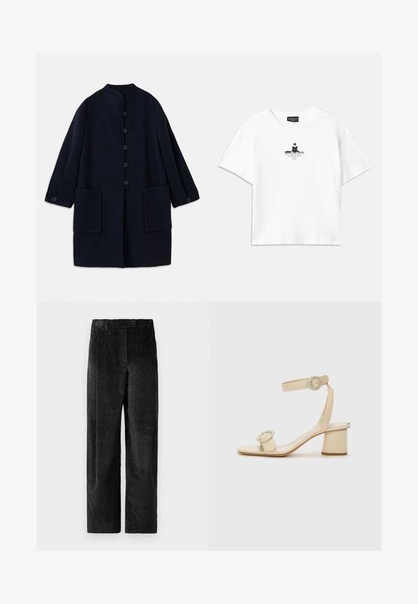 Tamsiai mėlynas vilnos paltas su apvaliu apykakle, penkiomis priekinėmis sagomis, sagomis užsegamais rankovėmis ir dviem didelėmis priekinėmis kišenėmis.; Balta medvilninė marškinėliai su laisvu siluetu, viduryje turintys juodą grafiką, kurioje yra tekstas ir silueto dizainas.; Juodos, tekstūruotos plačios kelnės su išreikšta audimo struktūra, turinčios priekinę klostę ir plokščią juosmenį. Klasikinis dizainas, skirtas universalumui.; Šviesiai rudos spalvos aukštakulniai šlepetės minimalistiniu dizainu, su dviem apvaliais akcentais ir masyviu kulnu. Pagamintos iš lygaus odos.