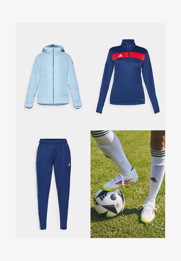 Jachetă bleu deschis cu fermoar frontal, glugă ajustabilă și mansete elastice. Prezintă accente texturate și un logo pe mânecă.; Tricou cu mânecă lungă navy, cu fermoar la gât în stil quarter-zip, având o dungă orizontală roșie, un logo alb, textură netedă și un design ajustat. Material de performanță.; Pantaloni de trening bleumarin cu dungi albe pe laterale, talie elastică și accente roșii aproape de tiv. Fabricat dintr-un material neted și ușor.; Cizme de fotbal albe cu accente roșii, așezate pe o minge de fotbal alb-negru, pe un teren cu iarbă, cu șosete albe și dungi vizibile.