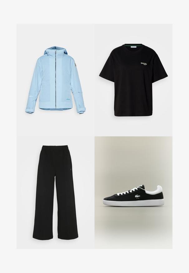 Giacca azzurra chiara con chiusura a zip, cappuccio regolabile e polsini elasticizzati. Presenta dettagli testurizzati e un logo sulla manica.; T-shirt in cotone nero con maniche corte, caratterizzato da un piccolo logo verde sul lato sinistro del petto. Classico colletto a girocollo, vestibilità rilassata.; Pantaloni neri a gamba larga con vita elasticizzata. Realizzati in un materiale morbido e leggero. Presentano cuciture verticali sul davanti.; Sneaker nera a taglio basso con suola bianca, lacci bianchi e imbottitura bianca sul collare, caratterizzata da un piccolo logo di coccodrillo ricamato sul lato.